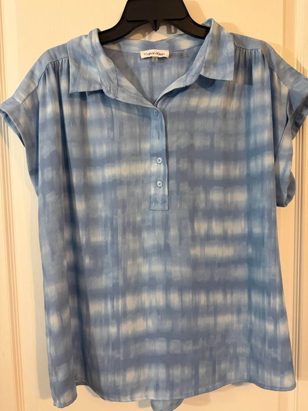 Calvin Klein Light Blue and White Short Sleeve Button-Front Top